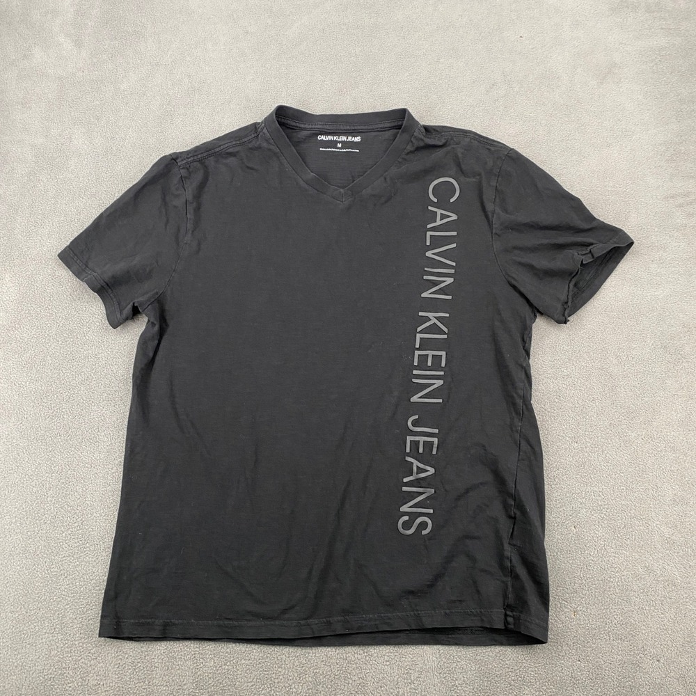 Calvin Klein Jeans Mens Black V-Neck Graphic Logo T-Shirt‎ Size M Slub Knit 5359